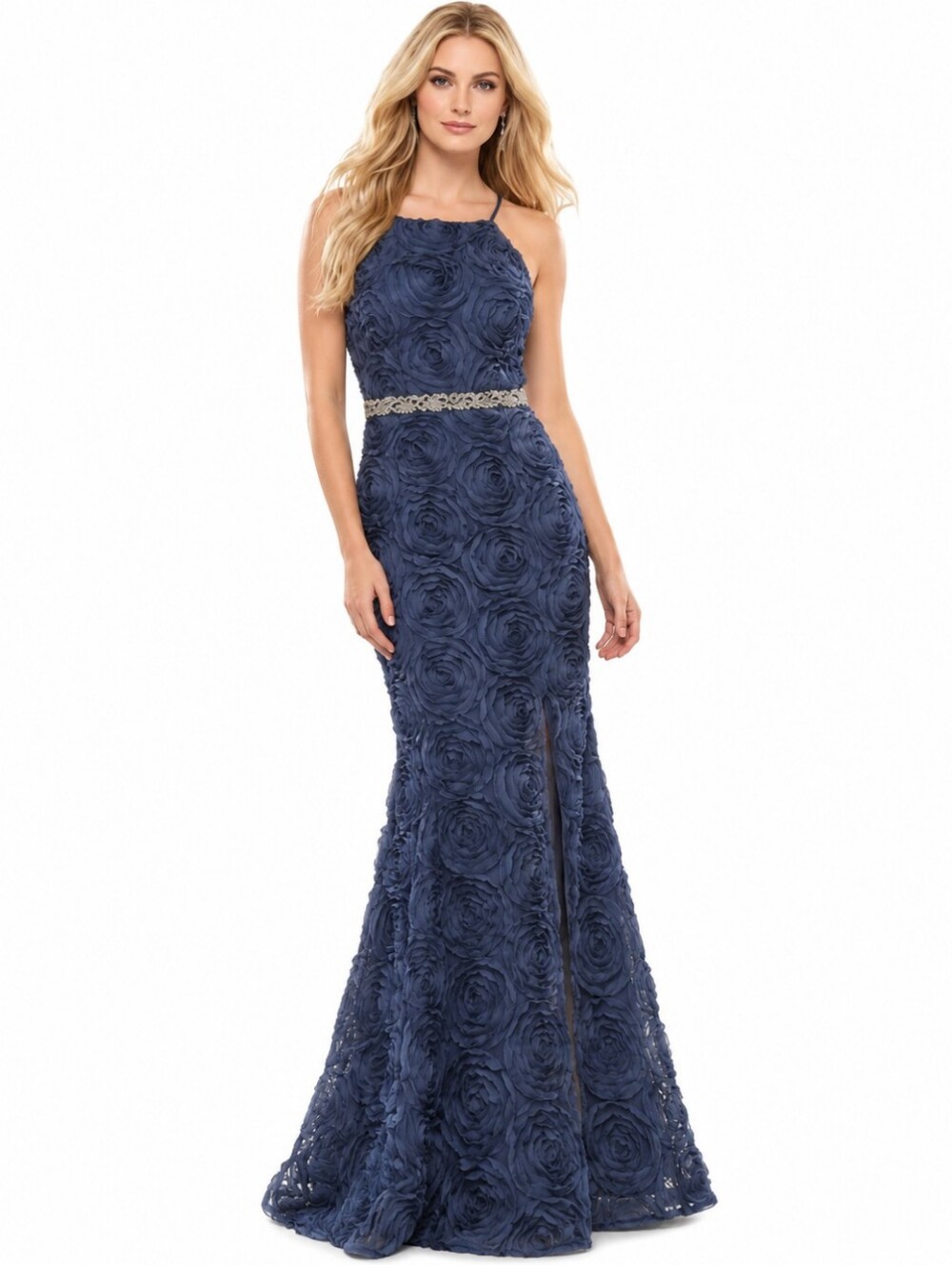 Trixxi Navy Halter Lace Gown Chiffon Rosette 3d Textured Jeweled Waist  Dress XS
